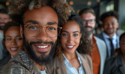A group of business people are capturing a fun group selfie shot together, smiling and enjoying their moment.