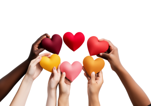 Hands Holding Colorful Hearts On Transparent Background