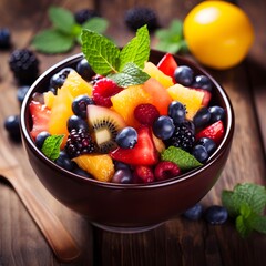 Fresh fruit salad in a bowl on wooden background