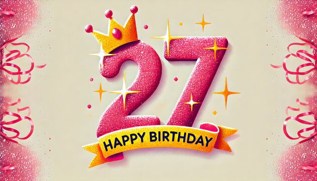 Glistening 27th Birthday Celebration with Sparkling Numbers, Golden Crown, and Star Accents