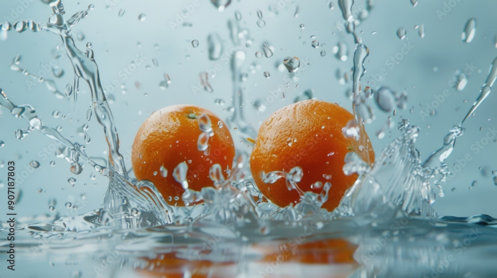 Aufkleber fresh orange slices sinking into a pool of water, creating ripples and reflections
