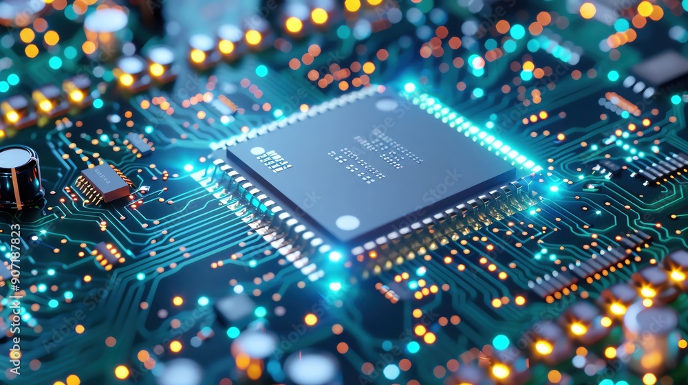 Poster close-up of a glowing microchip on a circuit board, highlighting technology and electronic component