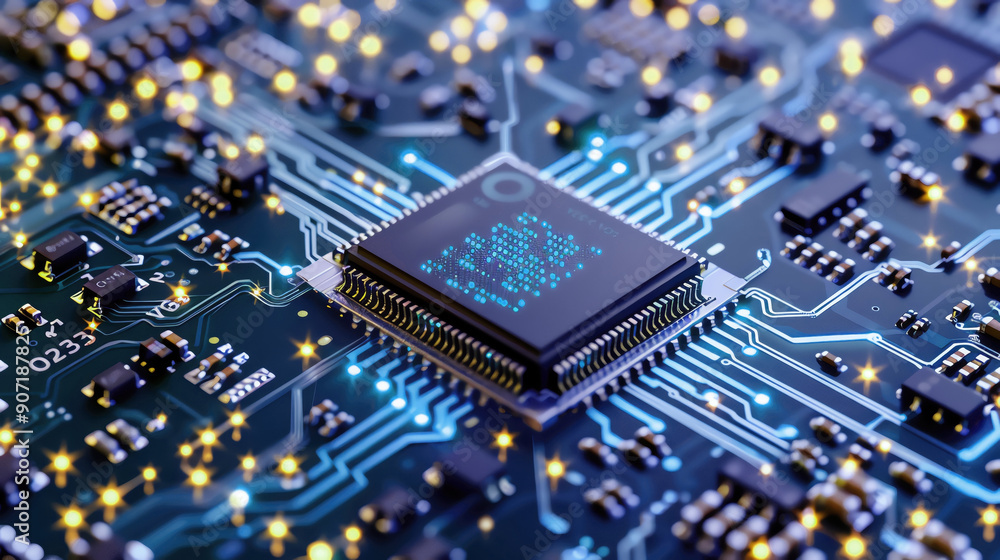 Poster close-up of a microchip on a green circuit board, showing intricate details and connections lit up w