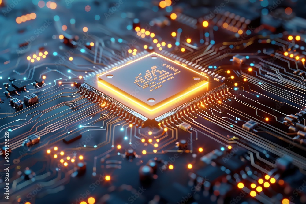 Poster close-up of a glowing microchip on a circuit board, highlighting the intricate electronic connection