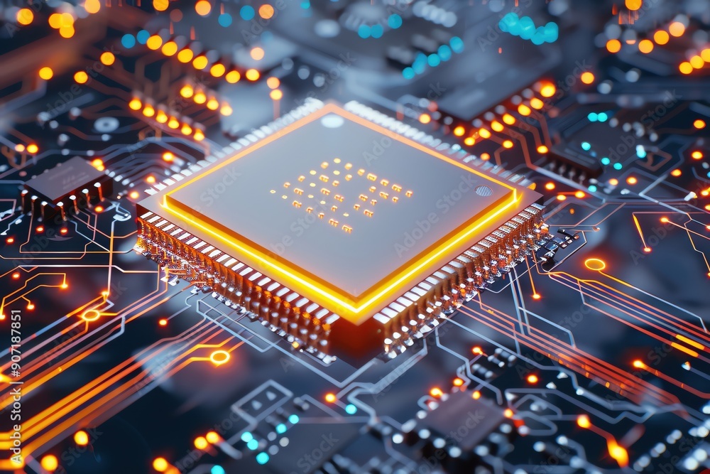 Poster close-up of a glowing microchip on a modern circuit board, showcasing advanced semiconductor technol