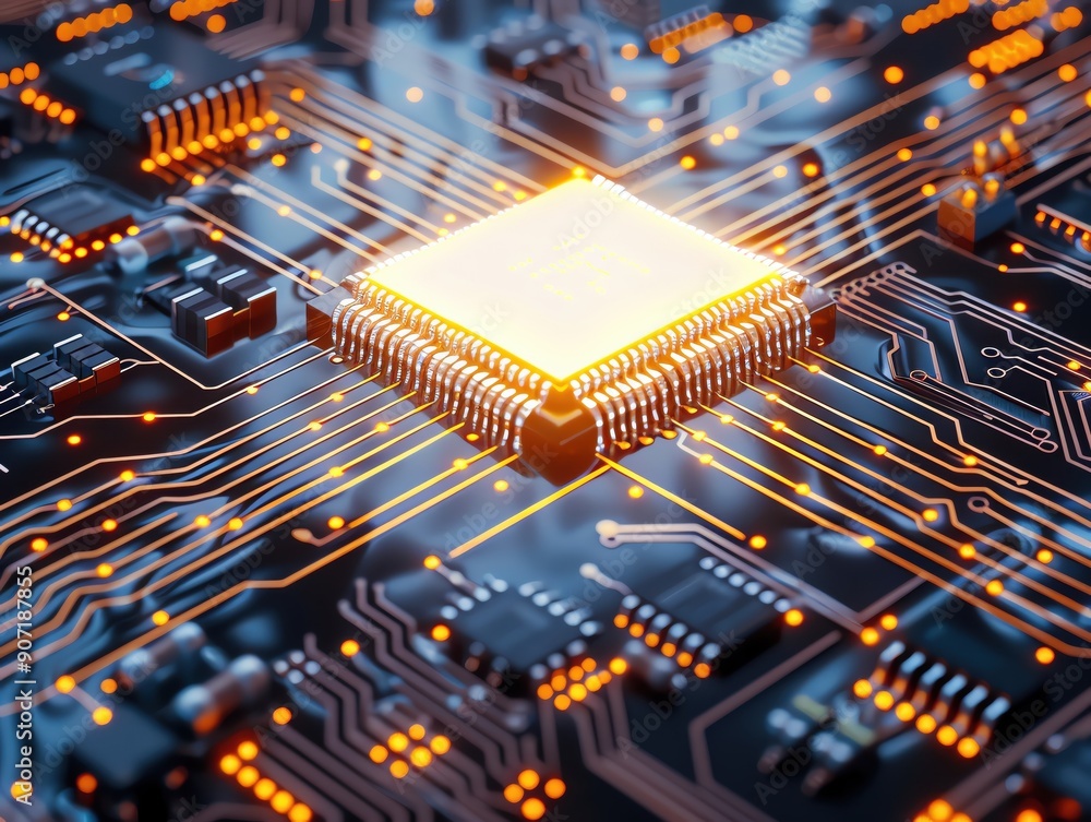Poster close-up of a glowing microchip on a circuit board illustrating advanced technology and electronics 