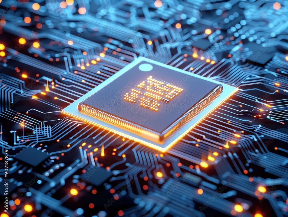 Poster close-up of a glowing microchip on a circuit board, representing technology, innovation, and advance