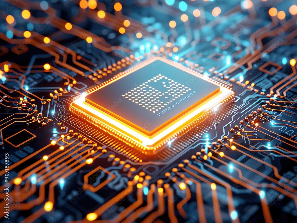 Poster close-up of a glowing microchip on a circuit board, representing advanced technology, computing powe