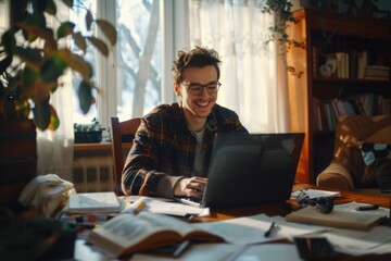 Obraz premium A person working on a laptop at a table