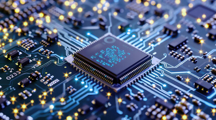 Obraz premium Close-up of a microchip on a green circuit board, showing intricate details and connections lit up with bright lights.