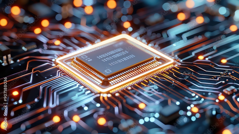 Poster close-up of a microchip on a circuit board highlighting the intricacies of modern technology and ele