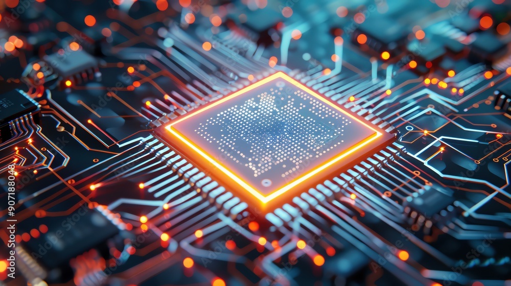 Poster close-up of a glowing microchip on a circuit board, showcasing advanced technology and intricate ele