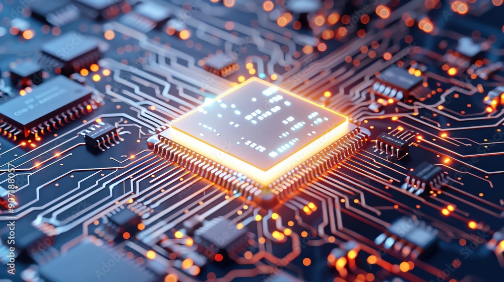 Poster close-up of a glowing microchip on a motherboard with intricate circuitry, representing advanced tec