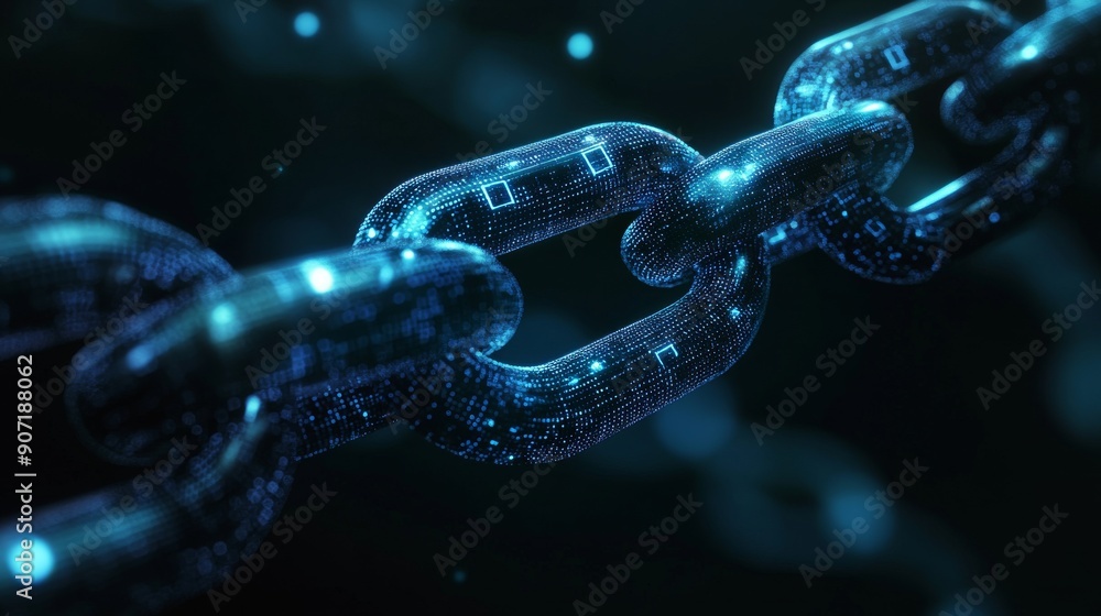 Poster digital chains and blocks connected in a 3d space, representing the blockchain technology, dark back
