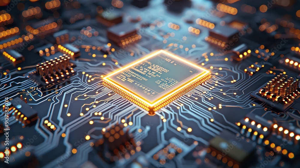 Aufkleber high-tech microchip on a circuit board, representing advanced technology and digital innovation in t