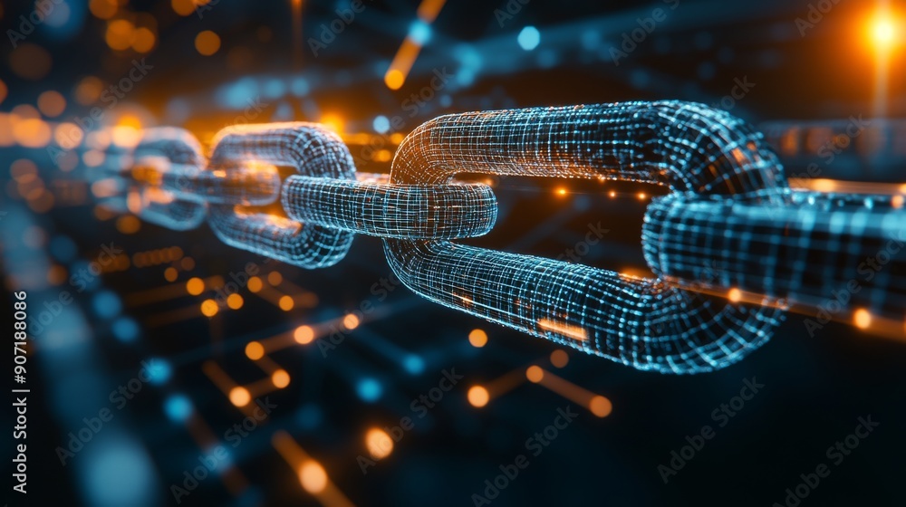 Poster digital chains and blocks connected in a 3d space, representing the blockchain technology, dark back