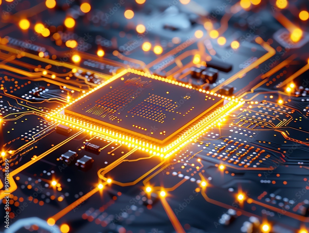Aufkleber high-tech close-up of a glowing microchip on a circuit board, representing advanced semiconductor te