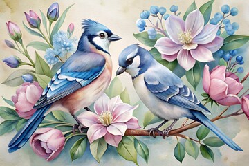 This is a lovely watercolor illustration featuring two birds surrounded by delicate flowers and leaves, all set against a soft, pastel background. The birds appear to be a Blue Jay and a Robin, each 