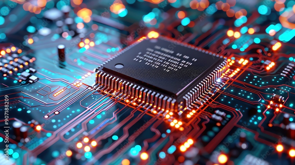 Poster close-up of a microchip on a printed circuit board with glowing lights, showcasing advanced technolo