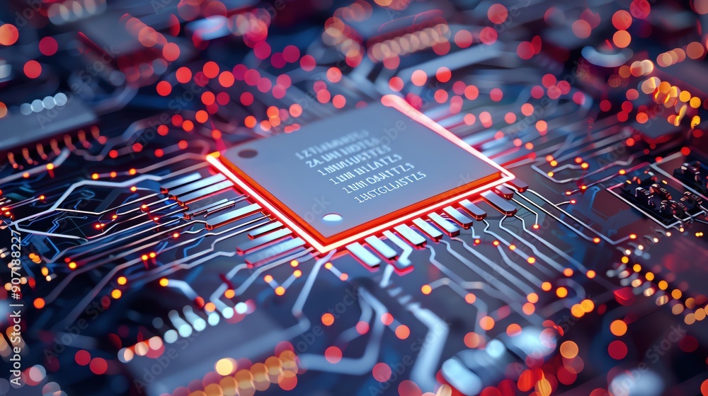 Poster close-up of a computer microchip on a motherboard, showcasing intricate circuits and vibrant connect