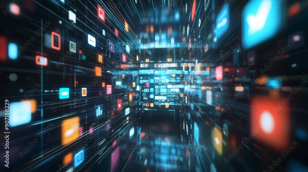Poster floating app icons in a 3d space, with a holographic interface in the background