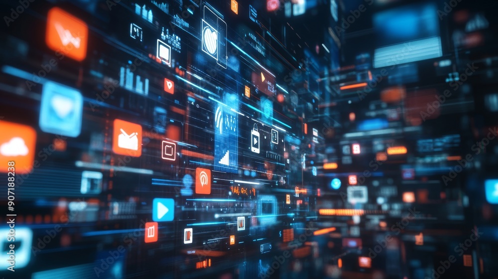Poster floating app icons in a 3d space, with a holographic interface in the background