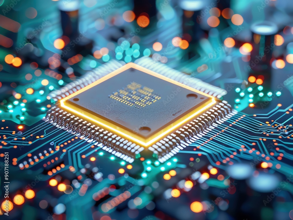 Poster close-up of a microchip on a vibrant, illuminated circuit board, showcasing advanced technology and 