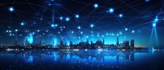 Connected Cityscape with Intertwining Lines and Glowing Nodes