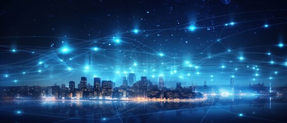 Fototapeta premium Futuristic Cityscape with Glowing Network Connections at Night
