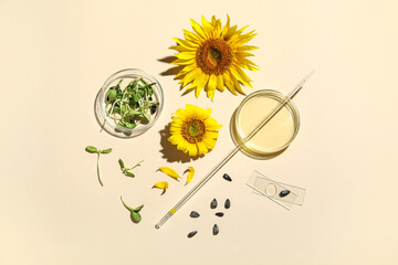 Laboratory glassware with sunflowers, seeds and sprouts on beige background