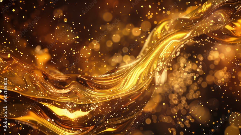 Poster a captivating abstract image showcasing a swirling liquid in a rich gold hue, adorned with shimmerin