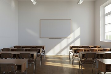 A modern classroom featuring wooden desks and chairs, large windows for natural light, and a whiteboard, ideal for professional training background