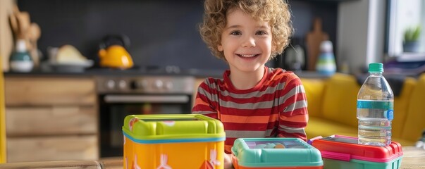 Smiling child in a kitchen with colorful lunchboxes and a water bottle, ready for school or a picnic, with home in the background.