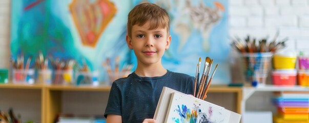 Young boy holding a painting palette and brushes in an art classroom, ready to create his next masterpiece. Bright and creative environment.