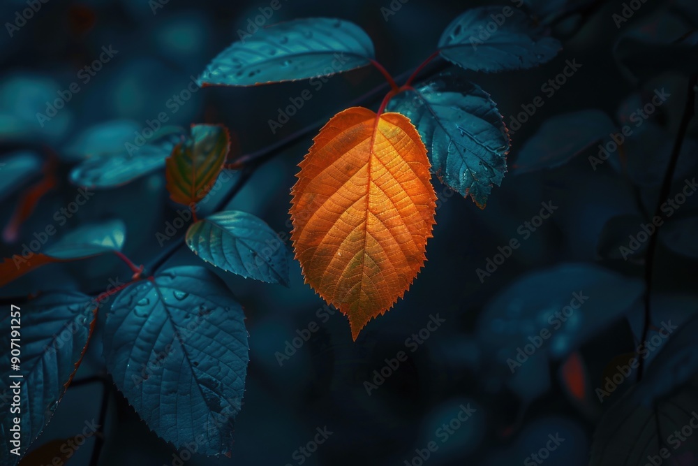 Poster a detailed view of a single leaf on a tree branch, ideal for use in nature-inspired designs or as a 