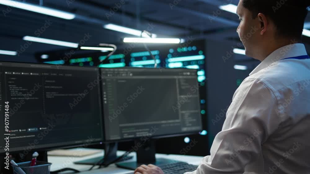 Poster data center system administrator responsible for installation of networking equipment solving tasks.