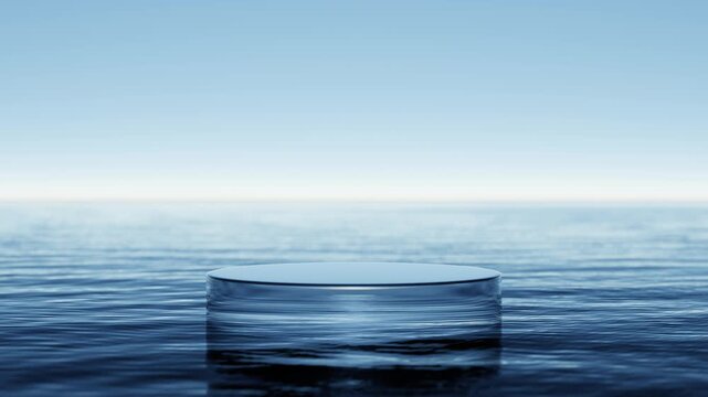 Glass podium on wave beach and blue sky abstract background. Copy space for product presentation. 3d render.	