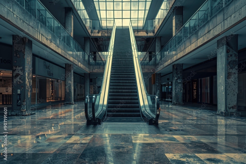 Aufkleber A busy escalator in a modern building with many windows and floors