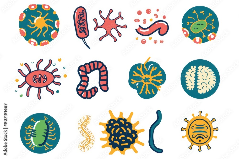 Poster Microscopic view of diverse microorganisms on a clean white surface