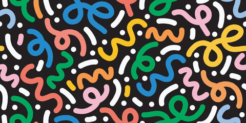 Fun colorful line doodle seamless pattern. Creative minimalist style art background for children or trendy design with basic shapes. vector illustration