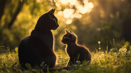 black cat and kitten silhouette in golden hour light