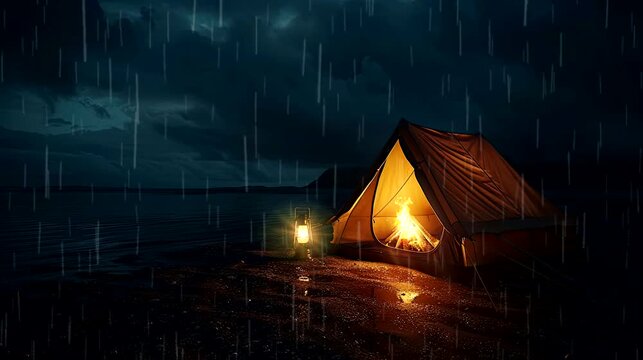 A camping tent  in a dark night rain beach with campfire. seamless looping time-lapse virtual 4k video animation background