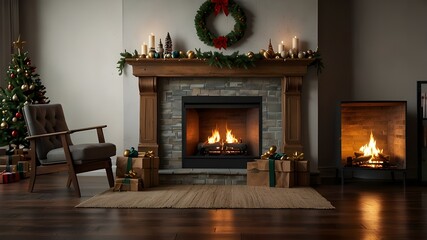Christmas tree and fireplace with copy space for the holidays