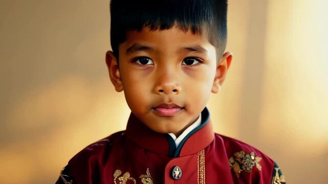 A closeup of a young boy with a curious expression and a traditional Chinese outfit complete with a frog buttoned jacket and intricately designed pants. The detailed patterns and