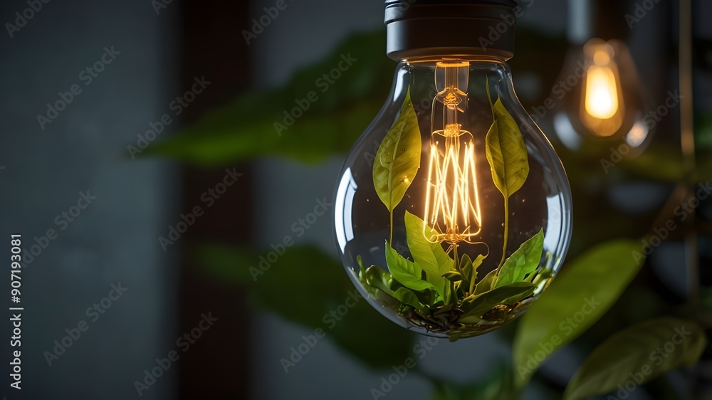 Poster using generative ai, an environmentally friendly lightbulb made of fresh leaves was developed as par