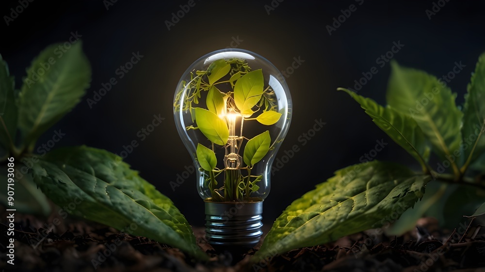Poster using generative ai, an environmentally friendly lightbulb made of fresh leaves was developed as par