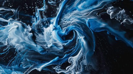 An abstract image featuring swirling blue and white liquid with silver glitter, creating a mesmerizing and dynamic pattern against a black background.