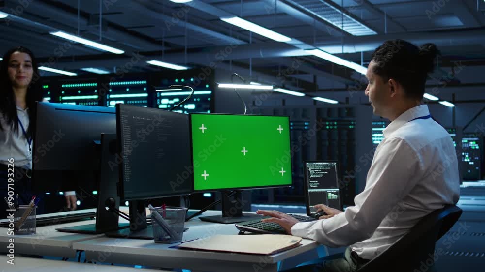 Poster engineer in data center monitoring security threats using mockup computer, implementing cybersecurit