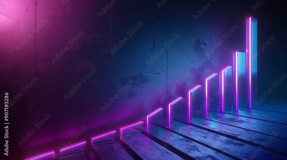 Poster a digital representation of a city skyline with neon lights and data graphs representing financial o