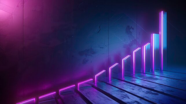 A digital representation of a city skyline with neon lights and data graphs representing financial or technological progress.